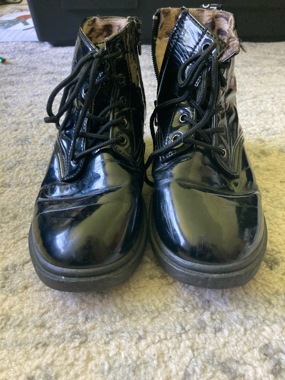 Girls Black Patent Lace-Up Ankle Boots